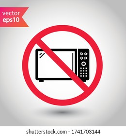 Icono vectorial de microondas prohibido. Advertencia prohibida, precaución, atención, peligro de etiqueta de restricción.  No utilice el diseño de señal plana de microondas. Pictograma de símbolo de microondas 