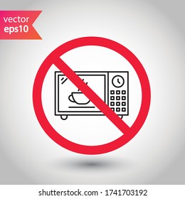 Icono vectorial de microondas prohibido. Advertencia prohibida, precaución, atención, peligro de etiqueta de restricción.  No utilice el diseño de señal plana de microondas. Pictograma de símbolo de microondas 