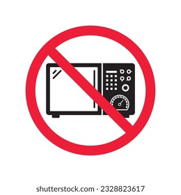 Icono vectorial de microondas prohibido. Advertencia prohibida, precaución, atención, peligro de etiqueta de restricción.  No utilice el diseño de señal plana de microondas. Pictograma de símbolo de microondas 