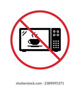 Icono vectorial de microondas prohibido. Advertencia prohibida, precaución, atención, peligro de etiqueta de restricción.  No utilice el diseño de señal plana de microondas. Símbolo de microondas pictograma UX UI