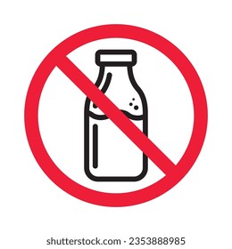 Icono vectorial de leche prohibida. Advertencia, precaución, atención, restricción, etiqueta, prohibición, peligro. No hay símbolo de pictograma de diseño de signo plano de leche. Sin icono de leche