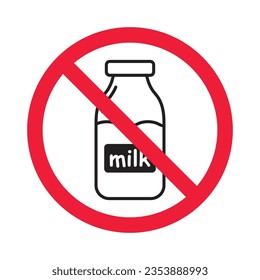 Forbidden milk vector icon. Warning, caution, attention, restriction, label, ban, danger. No milk flat sign design pictogram symbol. No milk icon