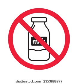 Icono vectorial de leche prohibida. Advertencia, precaución, atención, restricción, etiqueta, prohibición, peligro. No hay símbolo de pictograma de diseño de signo plano de leche. Sin icono de leche