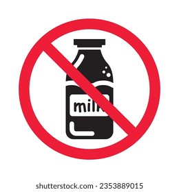 Icono vectorial de leche prohibida. Advertencia, precaución, atención, restricción, etiqueta, prohibición, peligro. No hay símbolo de pictograma de diseño de signo plano de leche. Sin icono de leche