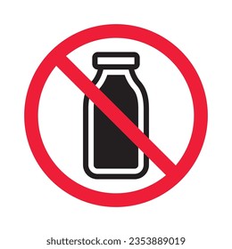 Icono vectorial de leche prohibida. Advertencia, precaución, atención, restricción, etiqueta, prohibición, peligro. No hay símbolo de pictograma de diseño de signo plano de leche. Sin icono de leche