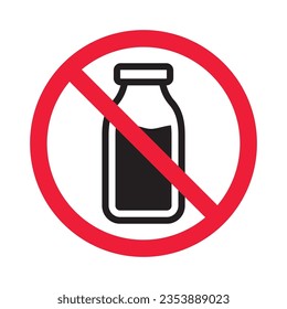 Icono vectorial de leche prohibida. Advertencia, precaución, atención, restricción, etiqueta, prohibición, peligro. No hay símbolo de pictograma de diseño de signo plano de leche. Sin icono de leche