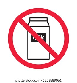 Forbidden milk vector icon. Warning, caution, attention, restriction, label, ban, danger. No milk flat sign design pictogram symbol. No milk icon