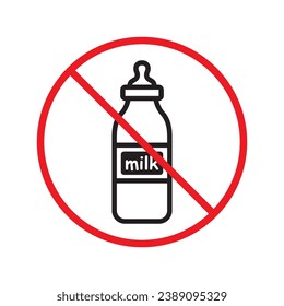 Icono vectorial de leche prohibida. Advertencia, precaución, atención, restricción, etiqueta, prohibición, peligro. No hay símbolo de pictograma de diseño de signo plano de leche. No hay interfaz de usuario UX de icono de leche