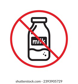 Icono vectorial de leche prohibida. Advertencia, precaución, atención, restricción, etiqueta, prohibición, peligro. No hay símbolo de pictograma de diseño de signo plano de leche. No hay interfaz de usuario UX de icono de leche