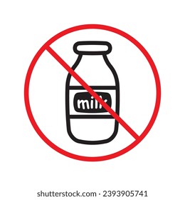 Icono vectorial de leche prohibida. Advertencia, precaución, atención, restricción, etiqueta, prohibición, peligro. No hay símbolo de pictograma de diseño de signo plano de leche. No hay interfaz de usuario UX de icono de leche