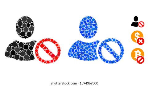 Forbidden mosaic of filled circles in different sizes and shades, based on forbidden icon. Vector filled circles are combined into blue mosaic. Dotted forbidden icon in usual and blue versions.