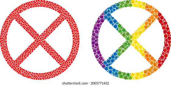 Verbotenes Mosaiksymbol von Kreispunkten in verschiedenen Größen und Farben des Regenbogens. LGBT-farbig gestrichen, verboten für Lesben, Schwule, Bisexuelle und Transsexuelle. Vektorsymbol in LGBT-Flaggenfarben.