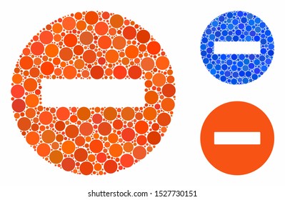 Forbidden mosaic of spheric dots in variable sizes and color hues, based on forbidden icon. Vector round dots are grouped into blue mosaic. Dotted forbidden icon in usual and blue versions.
