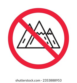 Forbidden mountain vector icon. Warning, caution, attention, restriction, label, ban, danger. No rock flat sign design pictogram symbol. No alpinist mountaineer climber icon