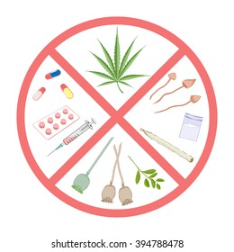 Forbidden narcotics. Logo and infographic warning.  Items prohibited for  transportation, travel,
storage, keeping, consumption, use.