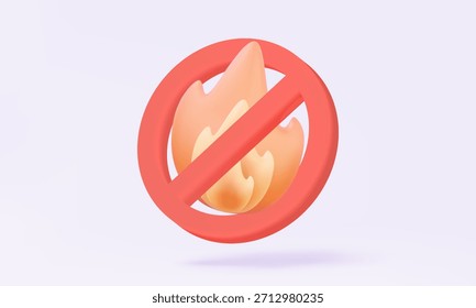 Forbidden no fire zone area symbol design isolated on pastel background. Prohibition caution warning danger protection burn icon  flame. 3d vector illustration. element cartoon style