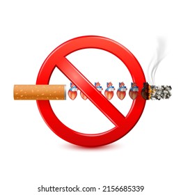 Forbidden no smoking red sign isolated on white background. Dangers of smoking. Smoking effect on lung with people around and family. World No Tobacco Day. 3D vector Illustration.