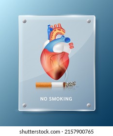 Prohibido el tabaquismo, el corazón dentro de paneles de vidrio translúcido cuadrado para la pared de palos. Peligros de fumar. Efecto del tabaco en las personas de alrededor y en la familia. Día Mundial Sin Tabaco. vector 3D.