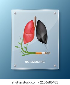 Forbidden no smoking sign, lung inside square translucent glass panels for stick wall. Dangers of smoking. Smoking effect on with people around and family. World No Tobacco Day. 3D vector.