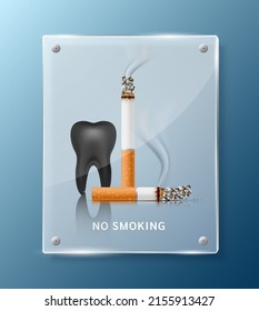 Forbidden no smoking sign, tooth inside square translucent glass panels for stick wall. Dangers of smoking. Smoking effect on with people around and family. World No Tobacco Day. 3D vector.