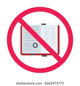 Signo prohibido del cuaderno, icono no permitido del cuaderno, símbolo prohibido del cuaderno de papel, Ilustración vectorial