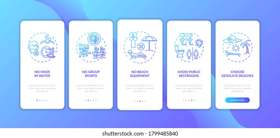 Forbidden on public beach onboarding mobile app page screen with concepts. Methods of preventing covid spread walkthrough 5 steps graphic instructions. UI vector template with RGB color illustrations