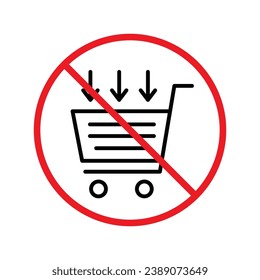 Forbidden online shopping symbol. Prohibited Warning, caution, attention, restriction label danger. No online shopping flat sign design. Do not use trolley vector icon pictogram. UX UI icon