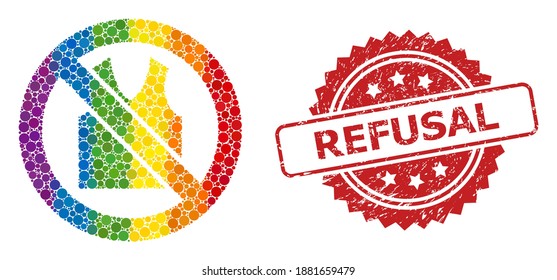 Forbidden open clothes mosaic icon of circle spots in different sizes and LGBT colored color tinges, and Refusal rubber rosette seal print. A dotted LGBT-colored Forbidden open clothes for lesbians,