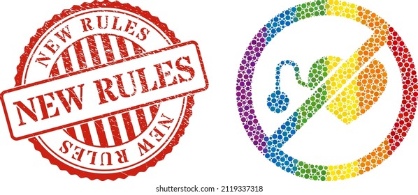 Verbotene Schrittmacher Collage Icon der sphärischen Punkte in variabler Größe und Spektrum-farbigen Töne. Roter, rund strukturierter Stempel mit dem Satz Neue Regeln.