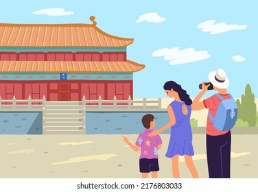 Forbidden Palace in China. Tourist family in China. Vector illustration