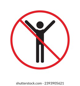 Icono vectorial de personas prohibidas. Advertencia, precaución, atención, restricción, etiqueta, prohibición, peligro. No hay símbolo de pictograma de diseño de señas planas para hombres humanos. No hay ningún icono de man