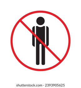 Icono vectorial de personas prohibidas. Advertencia, precaución, atención, restricción, etiqueta, prohibición, peligro. No hay símbolo de pictograma de diseño de señas planas para hombres humanos. No hay ningún icono de man