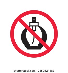 Icono vectorial de perfume prohibido. Advertencia, precaución, atención, restricción, etiqueta, prohibición, peligro. No hay símbolo de pictograma de diseño de signo plano. Sin icono de perfume
