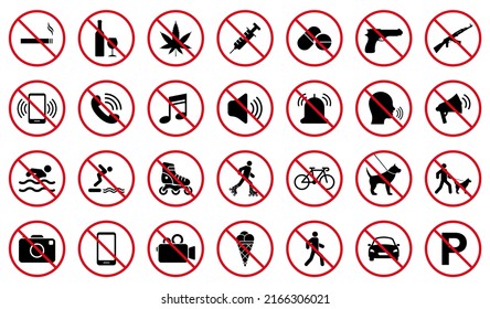 Forbidden Pictogram Set. Attention Restriction Zone Black Silhouette Icon. Caution Red Stop Circle Symbol. Warning No Allowed Round Sign. Prohibited Ban Collection. Isolated Vector Illustration.