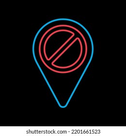 Forbidden pin map isolated on black background icon. Map pointer. Demonstration, manifestation, protest, strike, revolution. Graph symbol for your web site design, logo, app, UI