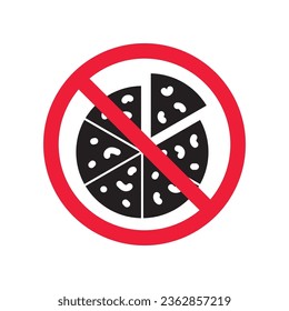 Forbidden pizza icon. No food vector icon. No pizza pictogram. Prohibited cutted pizza vector icon. Warning, danger, caution, attention, restriction flat sign design. Do not eat icon.