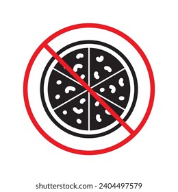 Forbidden pizza icon. No food vector icon. No pizza pictogram. Prohibited cutted pizza vector icon. Warning, danger, caution, attention, restriction flat sign design. Do not eat icon.