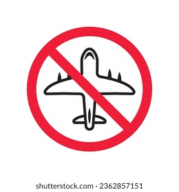 Icono de plano prohibido. No vuele el signo vector. Icono vectorial del avión de aviación prohibido. Advertencia, peligro, precaución, atención, restricción. No hay ningún pictograma plano de chorro militar.