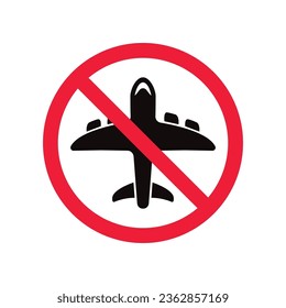 Icono de plano prohibido. No vuele el signo vector. Icono vectorial del avión de aviación prohibido. Advertencia, peligro, precaución, atención, restricción. No hay ningún pictograma plano de chorro militar.