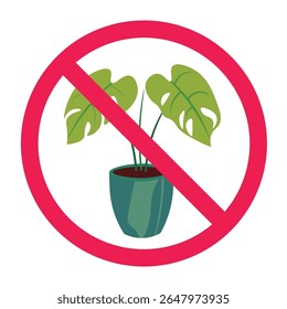 Forbidden plant icon, forbidden sign with monstera plant, no houseplants allowed prohibiton sign, isolated on white background
