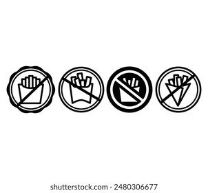 forbidden potato french fries food snack meal icons symbol badge round shape circle vector design black white color illustration set