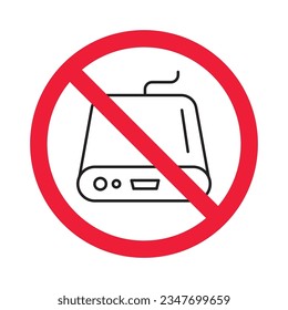 Icono vectorial del banco de energía prohibido. Advertencia, precaución, atención, restricción, etiqueta, prohibición, peligro. No hay símbolo de pictograma de diseño de signo plano del cargador. Icono de recarga de banco de energía