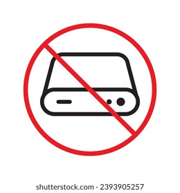 Icono vectorial del banco de energía prohibido. Advertencia, precaución, atención, restricción, etiqueta, prohibición, peligro. No hay símbolo de pictograma de diseño de signo plano del cargador. No hay ningún icono de recarga de banco de energía UX UI