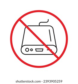 Forbidden power bank vector icon. Warning, caution, attention, restriction, label, ban, danger. No charger flat sign design pictogram symbol. No power bank recharger icon UX UI