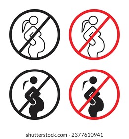 Forbidden pregnant icon set. alcohol women pregnancy caution prohibition sign. lady pregnant danger warning vector symbol in black filled and outlined style.