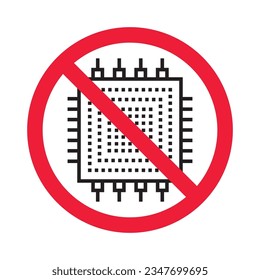 Forbidden processor vector icon. Warning, caution, attention, restriction, label, ban, danger. No CPU flat sign design pictogram symbol. No micro chip icon
