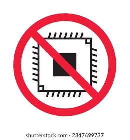 Forbidden processor vector icon. Warning, caution, attention, restriction, label, ban, danger. No CPU flat sign design pictogram symbol. No micro chip icon