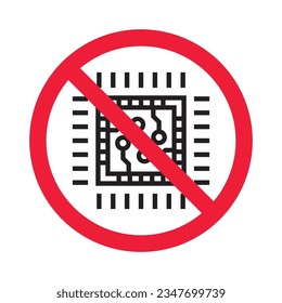 Forbidden processor vector icon. Warning, caution, attention, restriction, label, ban, danger. No CPU flat sign design pictogram symbol. No micro chip icon