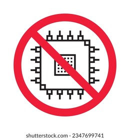 Forbidden processor vector icon. Warning, caution, attention, restriction, label, ban, danger. No CPU flat sign design pictogram symbol. No micro chip icon