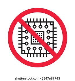 Forbidden processor vector icon. Warning, caution, attention, restriction, label, ban, danger. No CPU flat sign design pictogram symbol. No micro chip icon